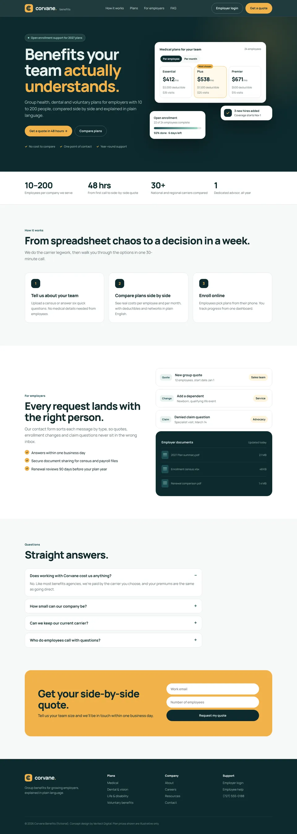 Homepage of the Corvane Benefits concept site